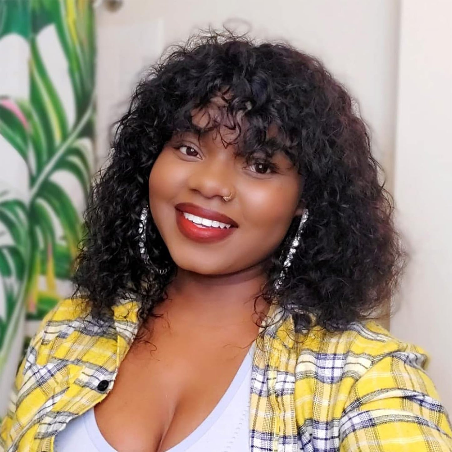 ShowReal Curly Human Hair Wigs With Bangs Curly Bob Wigs 200% Density Virgin Human Hair Full Machine Made Wig For Black Women Brazilian Curly Bob Wigs Natural Color 12 Inch 14 Inch