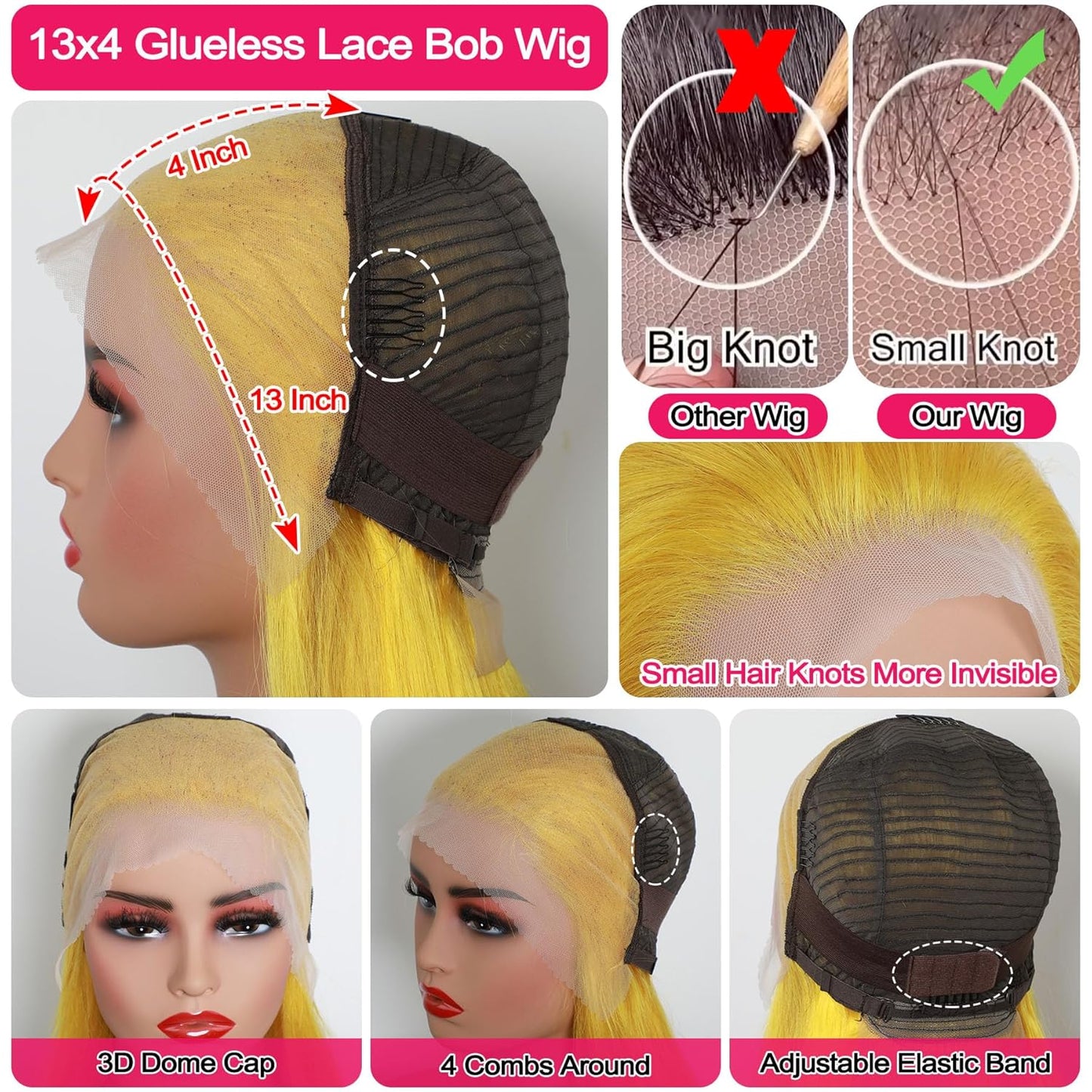 Customized Wig Yellow Wig Human Hair 13x4 Transparent Lace Bob Frontal Human Hair Wigs For Black Women 180% Density Pre Plucked Baby Hair Pink Short Bob Wig