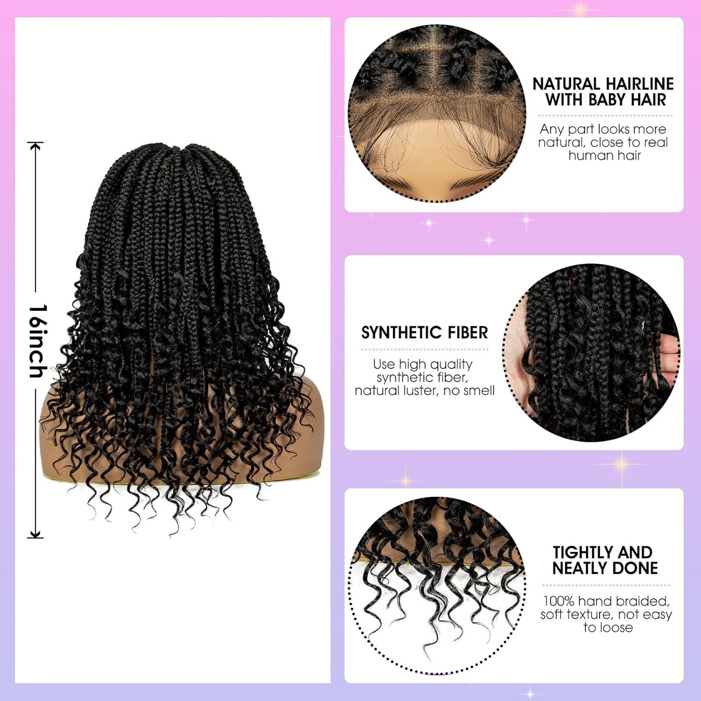 ShowReal 16 Inch Synthetic Full Lace Knotless Braided Wigs with Curly Ends for Black Women Handmade Braiding Wigs with Baby Hair Synthetic Braid Hair Gorgeous Fluffy Wigs with Baby Hair Bangs Synthetic Braided Full Lace Wigs