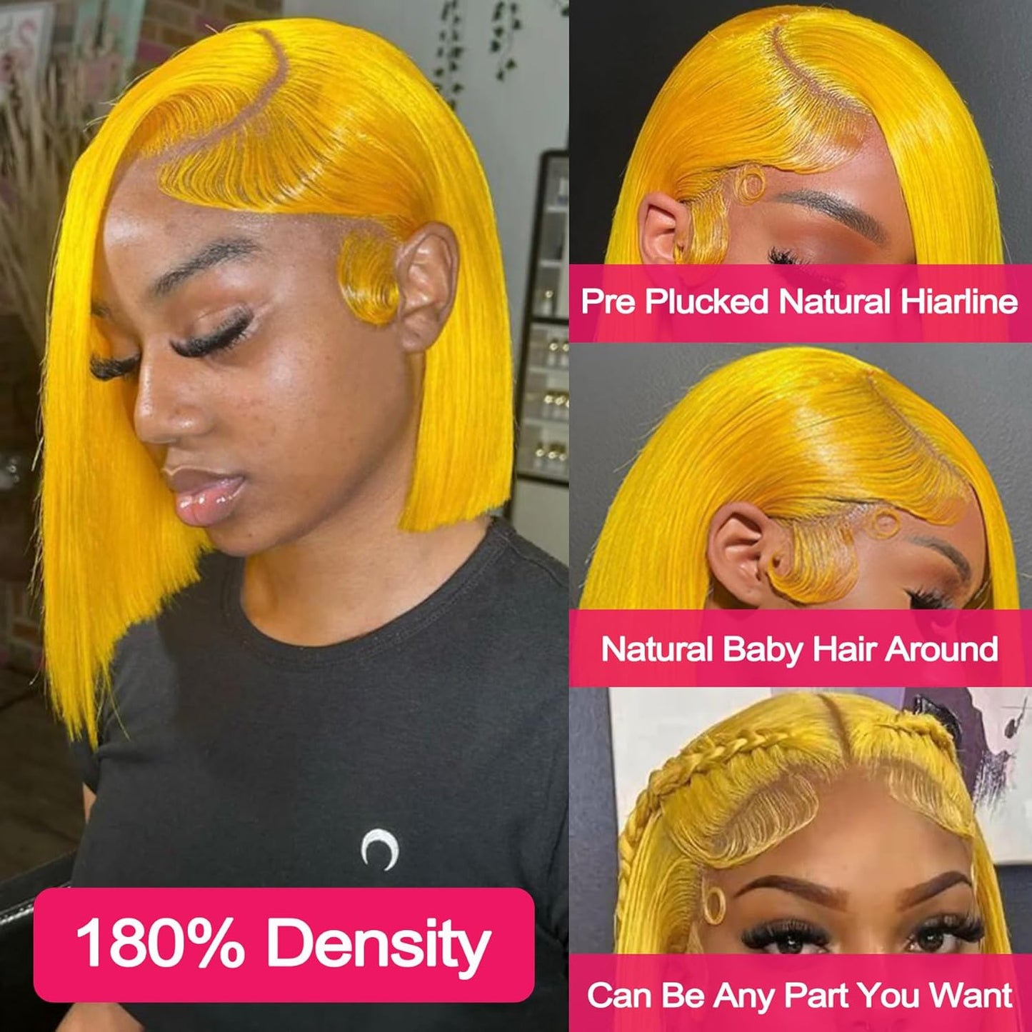 Customized Wig Yellow Wig Human Hair 13x4 Transparent Lace Bob Frontal Human Hair Wigs For Black Women 180% Density Pre Plucked Baby Hair Pink Short Bob Wig