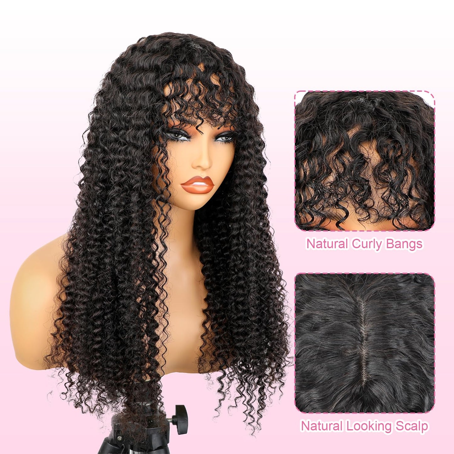 ShowReal Afro Kinky Curly Human Hair Wig with Bangs Full Machine Made Wig Glueless Virgin Brazilian Afro Curly Wigs for Black Women 200% Density Natural Color 12 inch 24 inch