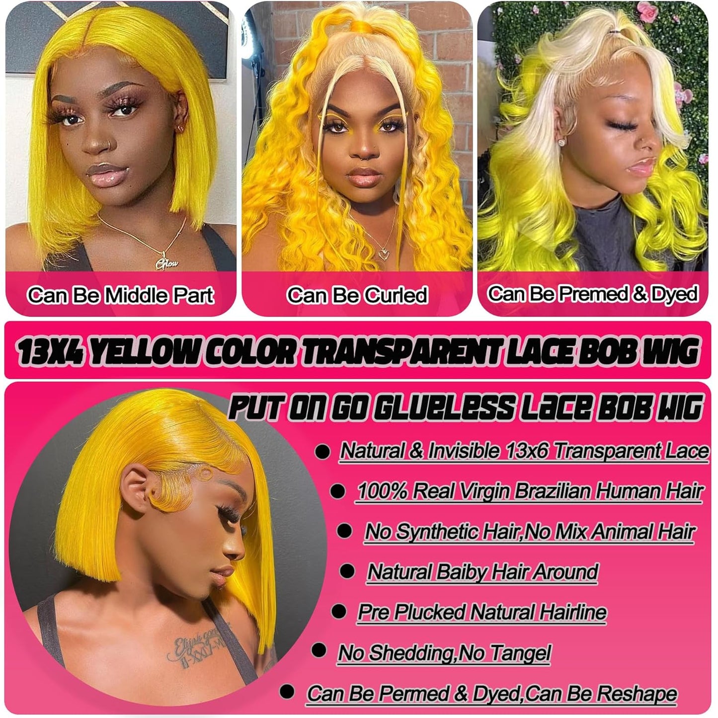 Customized Wig Yellow Wig Human Hair 13x4 Transparent Lace Bob Frontal Human Hair Wigs For Black Women 180% Density Pre Plucked Baby Hair Pink Short Bob Wig