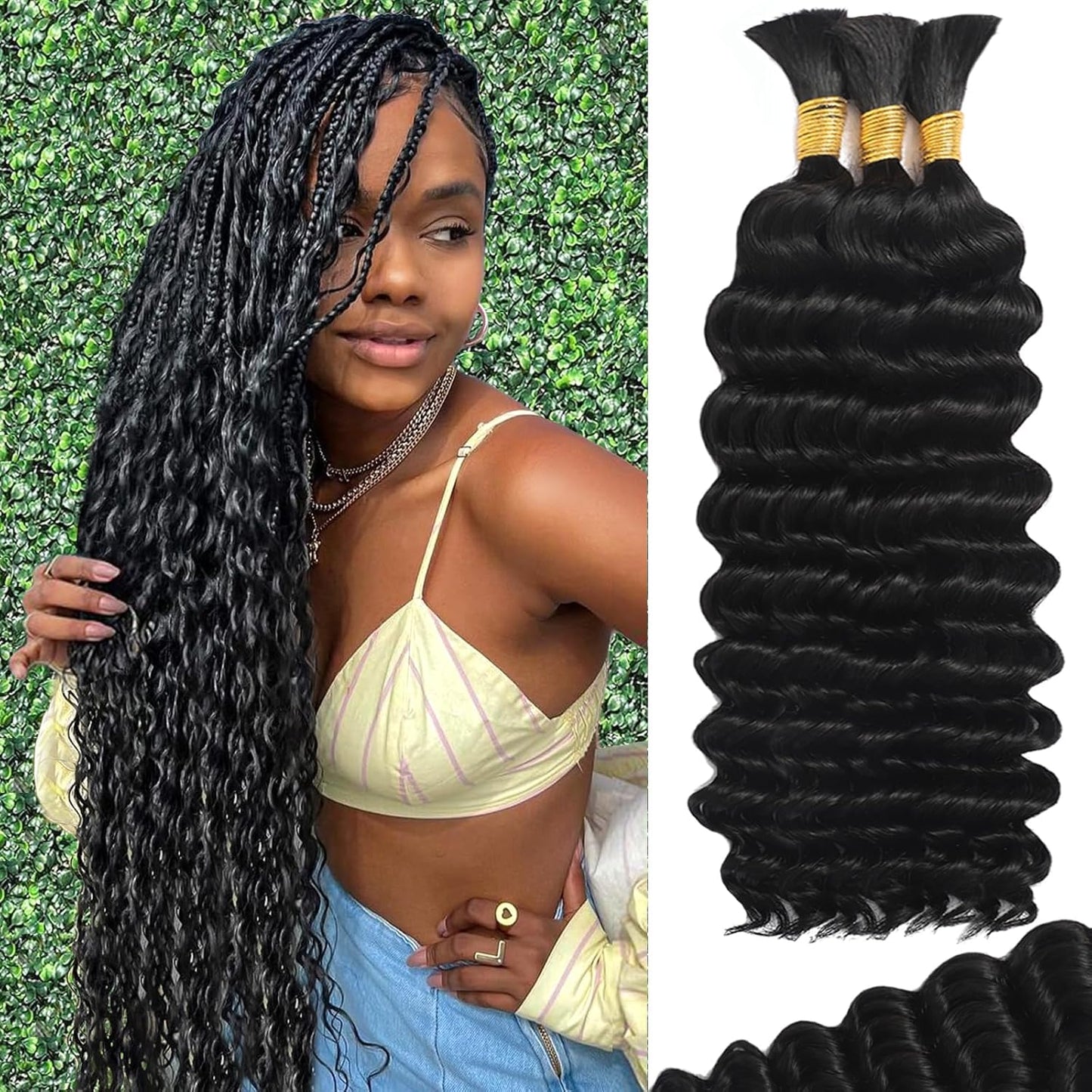 ShowReal 16 18 20 22 inch Human Braiding Hair for Boho Braids Human Hair 110g 10A Deep Wave Bulk Bohemian 3 Bundles/Pac Curly Boho Hair for Braiding Knotlessk Natural Color