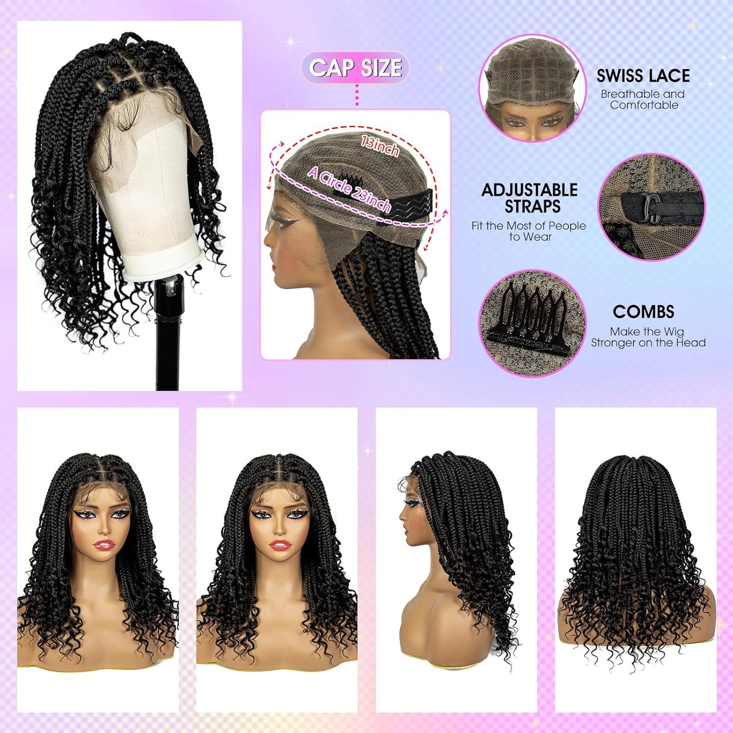 ShowReal 16 Inch Synthetic Full Lace Knotless Braided Wigs with Curly Ends for Black Women Handmade Braiding Wigs with Baby Hair Synthetic Braid Hair Gorgeous Fluffy Wigs with Baby Hair Bangs Synthetic Braided Full Lace Wigs
