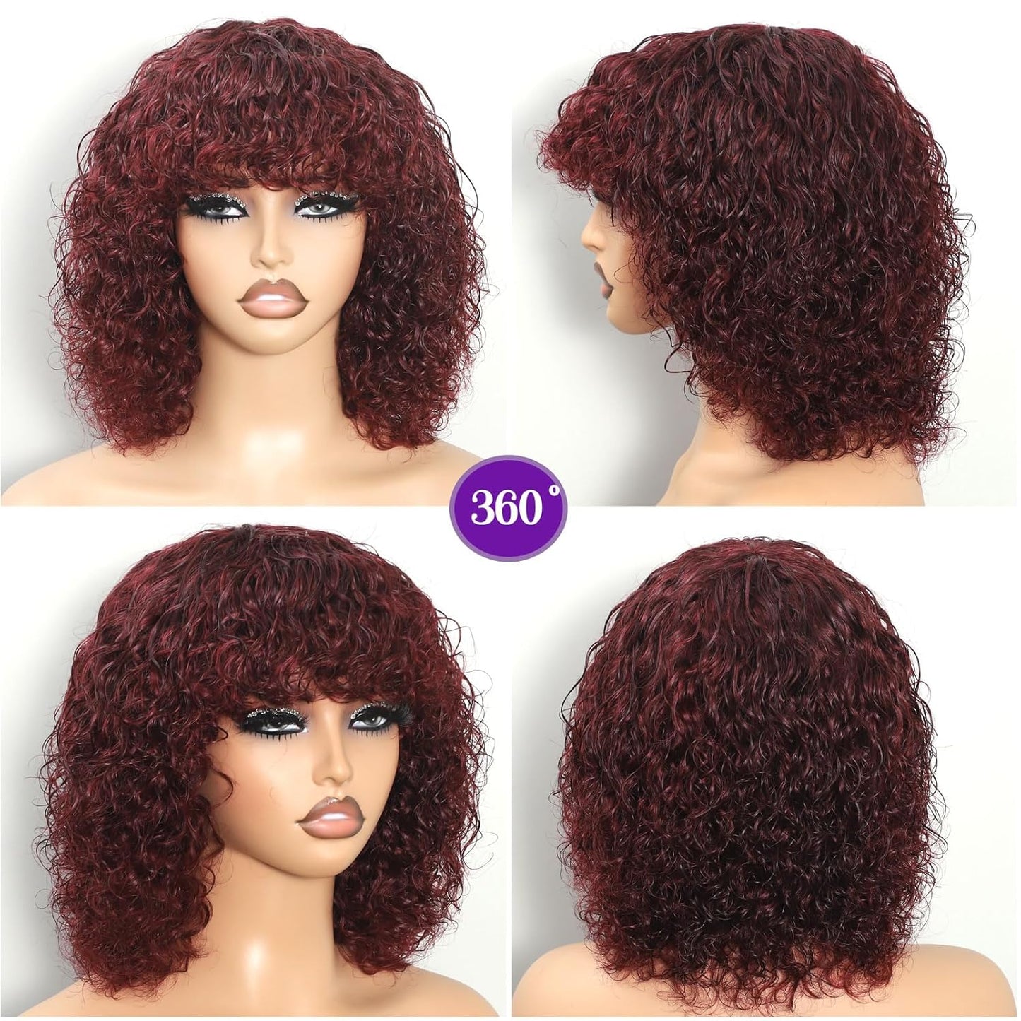 ShowReal Curly Human Hair Wigs With Bangs Curly Bob Wigs 200% Density Virgin Human Hair Full Machine Made Wig For Black Women Brazilian Curly Bob Wigs Natural Color 12 Inch 14 Inch