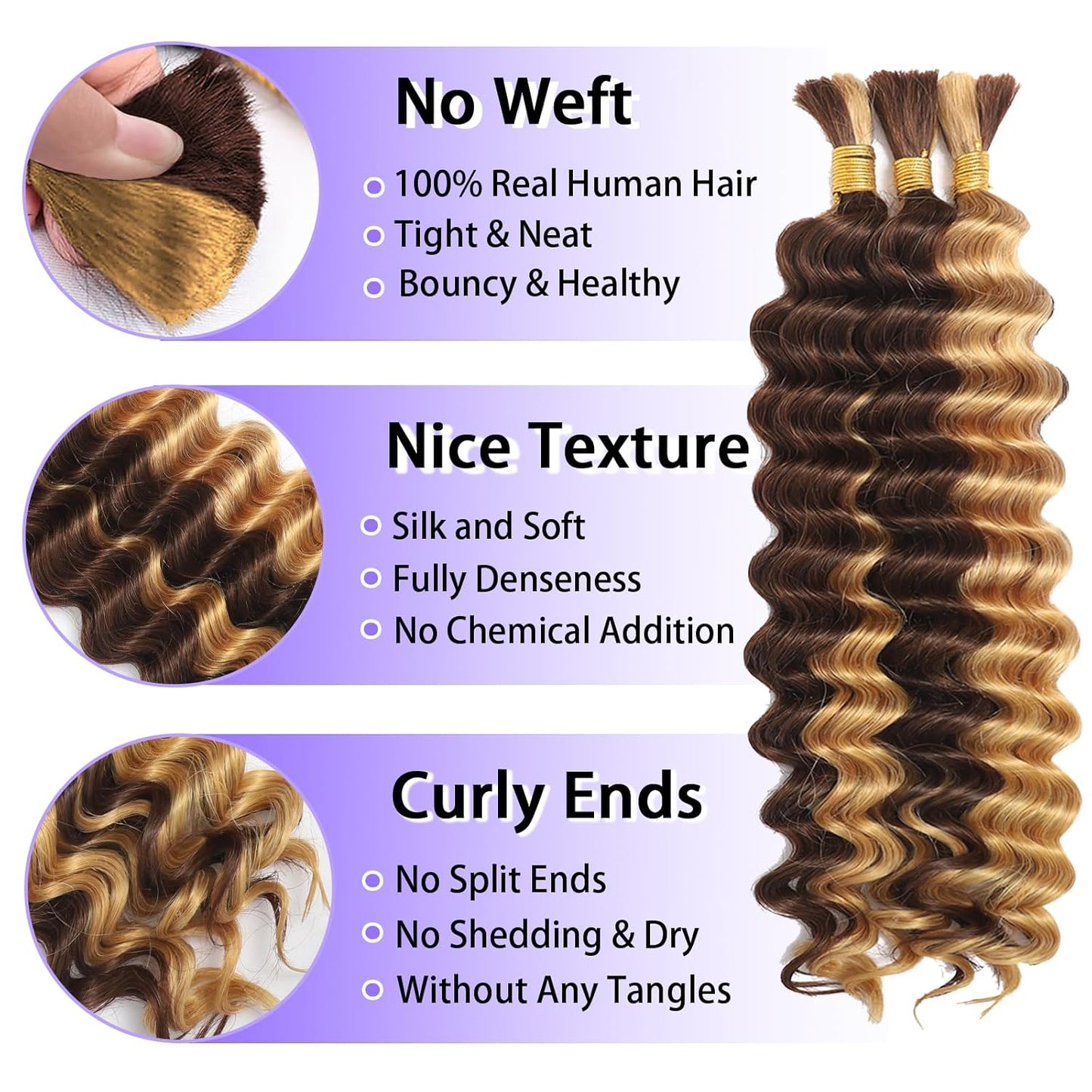 ShowReal 16 18 20 22 inch Human Braiding Hair for Boho Braids Human Hair 110g 10A Deep Wave Bulk Bohemian 3 Bundles/Pac Curly Boho Hair for Braiding Knotlessk Natural Color