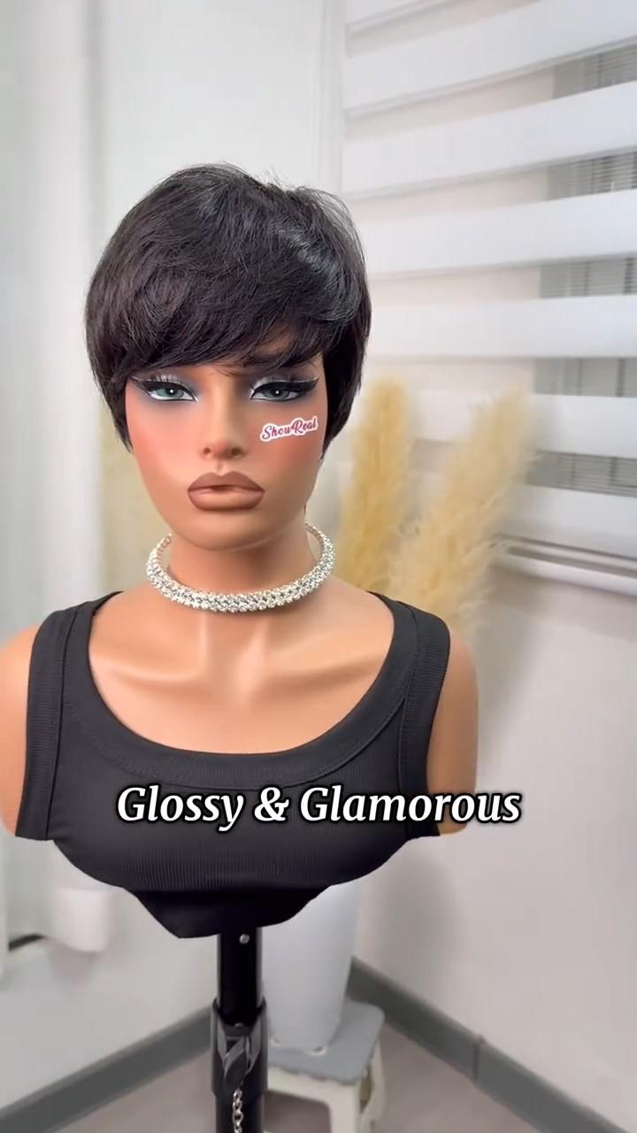 Short Pixie Cut Wig Human Hair 1B/30 Colored Wig with Bangs Full Machine Glueless Wig(9149-1B30)