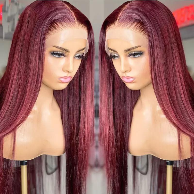 ShowReal 13x4 HD Transparent Lace Frontal 99J #350 Burgundy Ginger Color Straight Wig For Women 13×4 Lace Front Straight Human Hair Wig