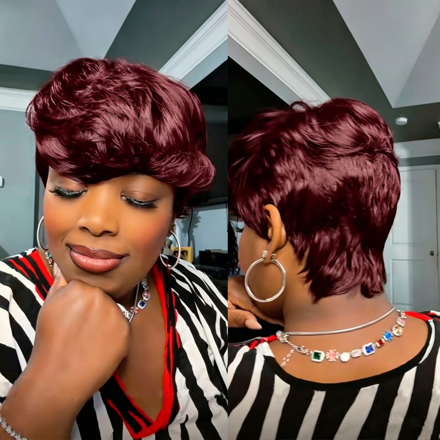 ShowReal Pixie Cut Wig for Black Women Human Hair Short cut Wig Layered None Lace Front Glueless Full Machine Made Wig with Bangs 180% Density Burgundy Color (0516-99J)