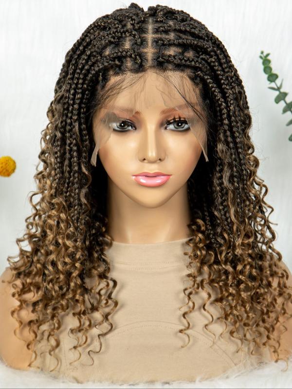 ShowReal 16 Inch Synthetic Full Lace Knotless Braided Wigs with Curly Ends for Black Women Handmade Braiding Wigs with Baby Hair Synthetic Braid Hair Gorgeous Fluffy Wigs with Baby Hair Bangs Synthetic Braided Full Lace Wigs