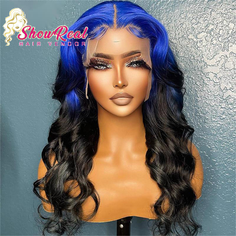 13X4 Lace Front Body Wave Human Hair Wig 180% Density Pre Plucked Baby Hair Blue Color HD Transparent Lace Wig Do Customized Style Human Hair Factory Do Wholesale