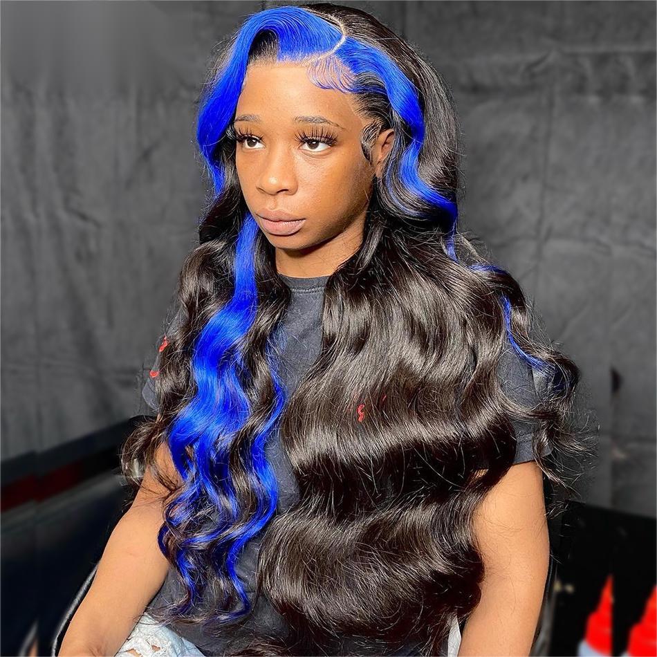 13X4 Lace Front Body Wave Human Hair Wig 180% Density Pre Plucked Baby Hair Blue Color HD Transparent Lace Wig Do Customized Style Human Hair Factory Do Wholesale