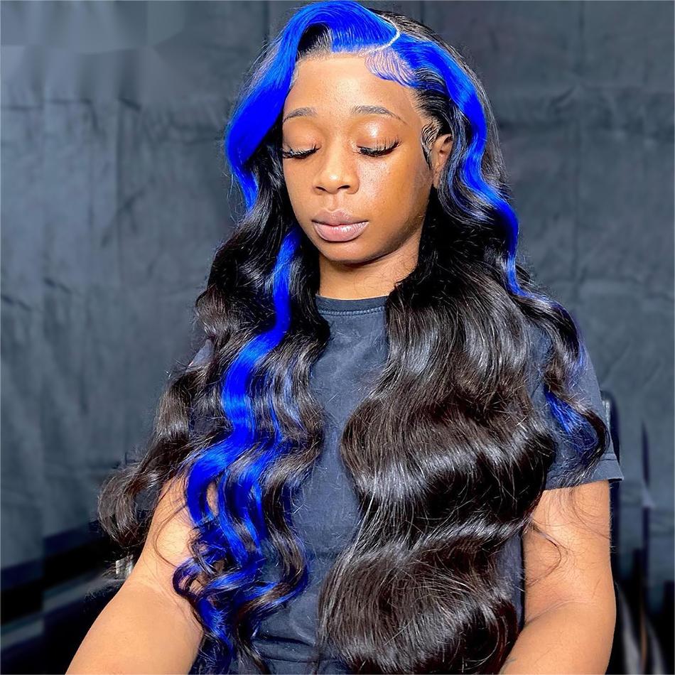 13X4 Lace Front Body Wave Human Hair Wig 180% Density Pre Plucked Baby Hair Blue Color HD Transparent Lace Wig Do Customized Style Human Hair Factory Do Wholesale