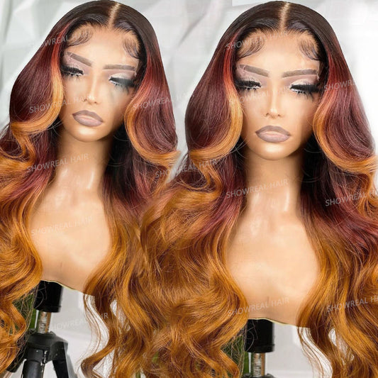 Show Real Ginger Brown Three Color Glueless Lace Front Body Wave Color Wig Raw Virgin Hair 13X4 Transparent HD Lace Frontal Curly Wigs For Black Women