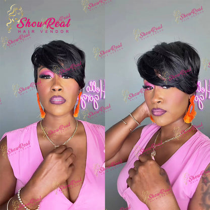 ShowRealHair Kelly Cut Pixie Cut Wig Salon Style Kelly cut Wigs for Black Women Human Hair Pixie Cut Short Bob Wig Human Hair None Lace Front Wigs with Bangs Glueless Full Machine Made Wig（0509-1B）