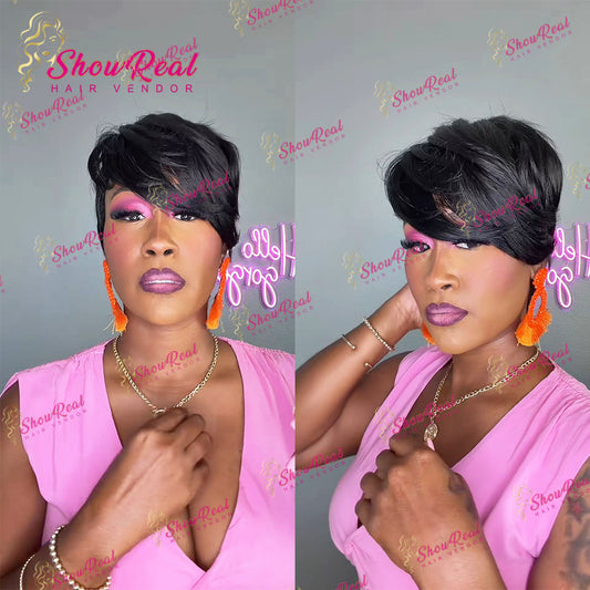 ShowRealHair Kelly Cut Pixie Cut Wig Salon Style Kelly cut Wigs for Black Women Human Hair Pixie Cut Short Bob Wig Human Hair None Lace Front Wigs with Bangs Glueless Full Machine Made Wig（0509-1B）