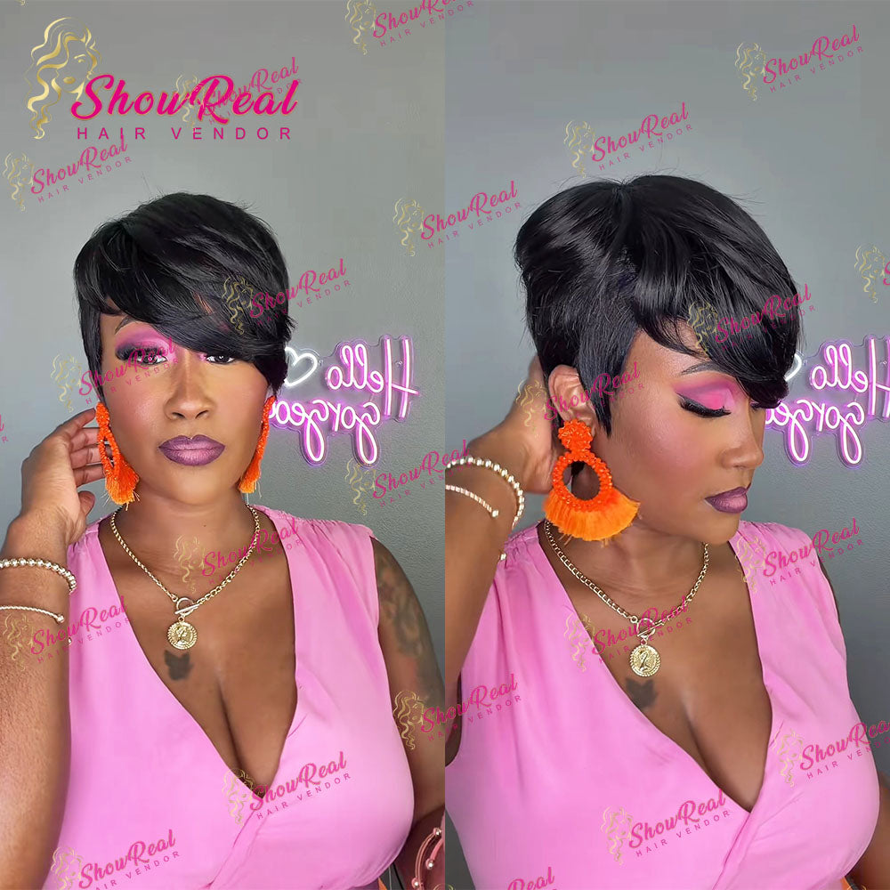 ShowRealHair Kelly Cut Pixie Cut Wig Salon Style Kelly cut Wigs for Black Women Human Hair Pixie Cut Short Bob Wig Human Hair None Lace Front Wigs with Bangs Glueless Full Machine Made Wig（0509-1B）