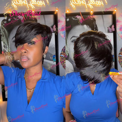 ShowRealHair Kelly Cut Pixie Cut Wig Salon Style Kelly cut Wigs for Black Women Human Hair Pixie Cut Short Bob Wig Human Hair None Lace Front Wigs with Bangs Glueless Full Machine Made Wig（0509-1B）