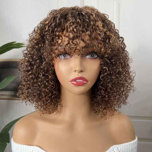 ShowReal Five Colors Wear And Go 12 Inch Short Curly 200% Density Thick Human Hair Full Machine Wig - Jerry Curly Wig with Bangs, Glueless