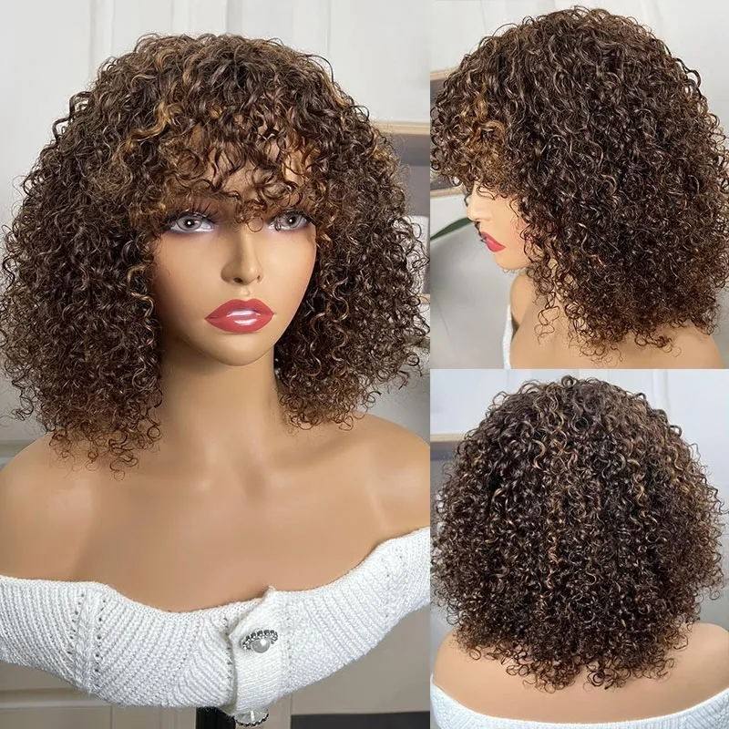 ShowReal Five Colors Wear And Go 12 Inch Short Curly 200% Density Thick Human Hair Full Machine Wig - Jerry Curly Wig with Bangs, Glueless