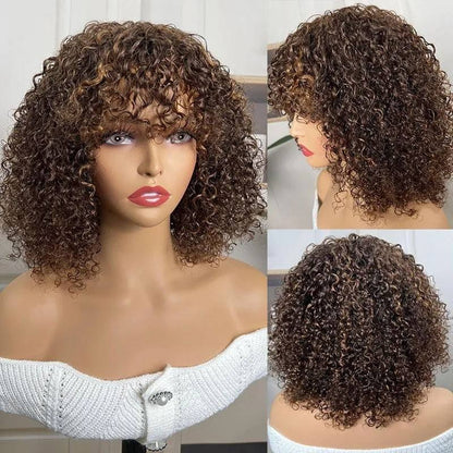 ShowReal Five Colors Wear And Go 12 Inch Short Curly 200% Density Thick Human Hair Full Machine Wig - Jerry Curly Wig with Bangs, Glueless
