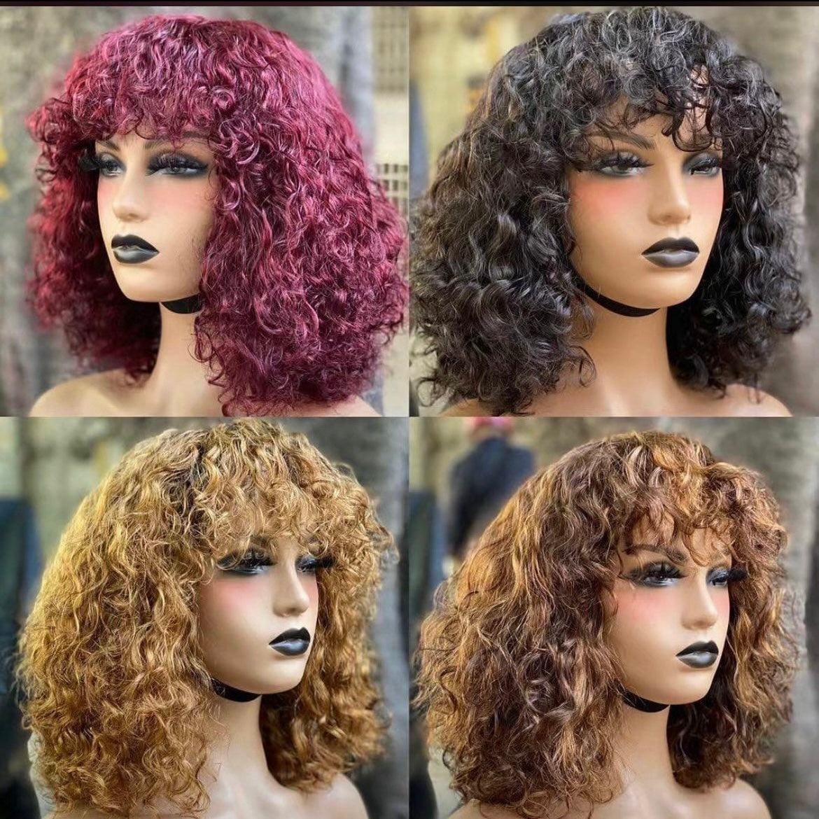 ShowReal Five Colors Wear And Go 12 Inch Short Curly 200% Density Thick Human Hair Full Machine Wig - Jerry Curly Wig with Bangs, Glueless