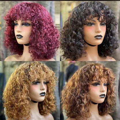 ShowReal Five Colors Wear And Go 12 Inch Short Curly 200% Density Thick Human Hair Full Machine Wig - Jerry Curly Wig with Bangs, Glueless