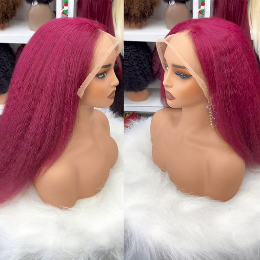 Customized Wig Purple Color Kinky Straight Lace Front Wigs Human Hair 13x4 Transparent Lace Front Wig Human Hair With Pre Plucked 180% Density Yaki Straight