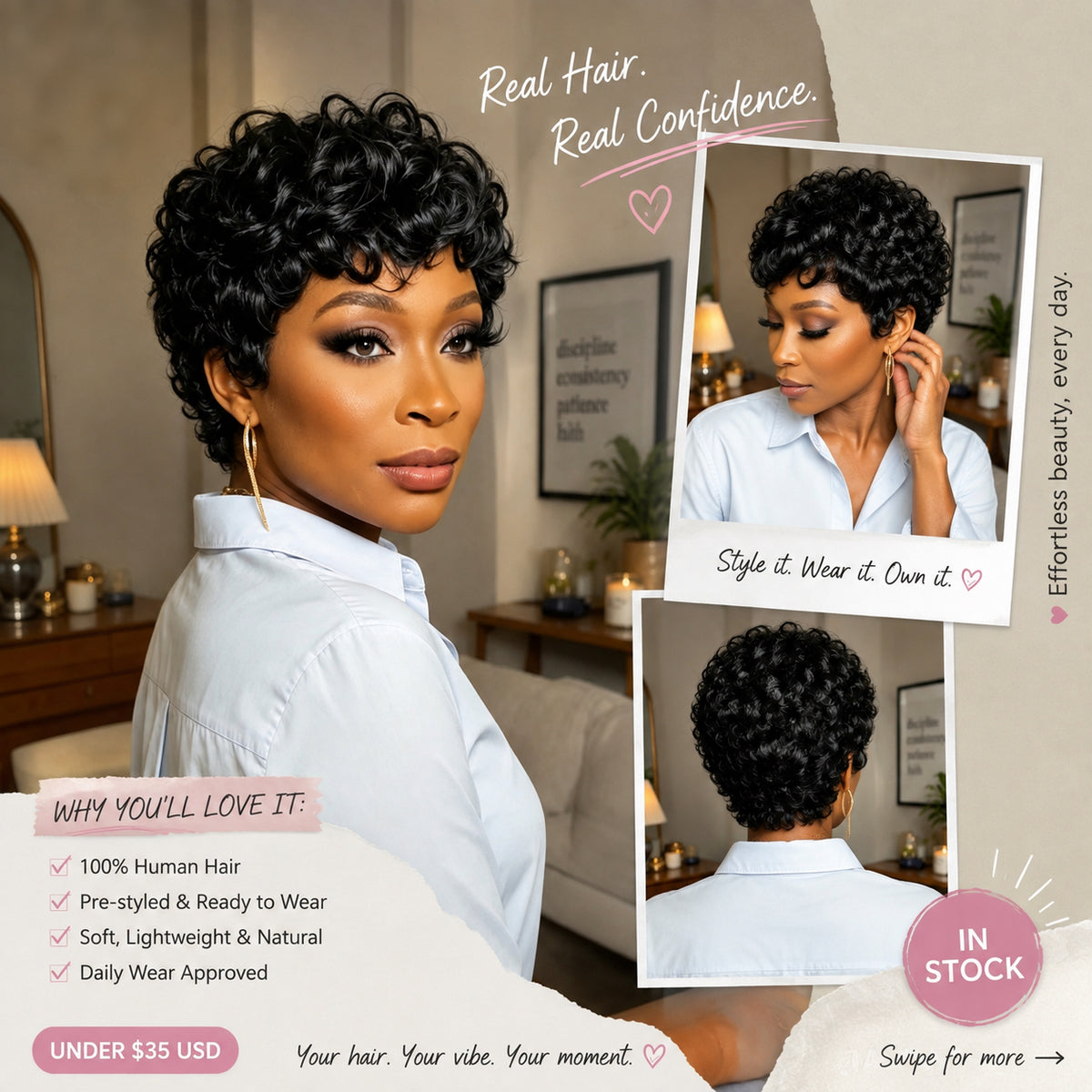 【Wendy Same】Short Pixie Cut Wigs Human Hair Chic Pixie Wig (025-1B)