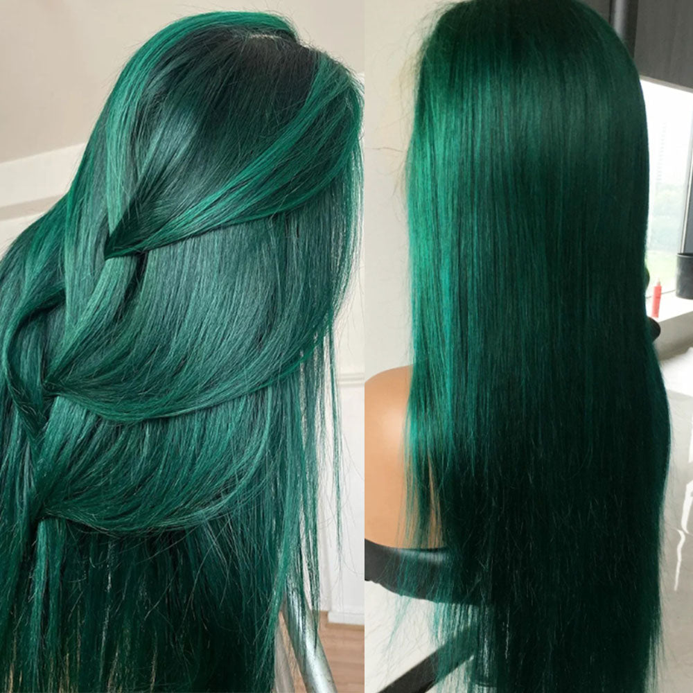 Customized Wig Highlight Emerald Green Colored 180% Bone Straight 13x4 Lace Frontal Wigs Human Hair Pre Plucked 4x4 Closure Wigs For Women