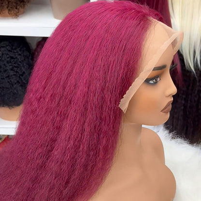 Customized Wig Purple Color Kinky Straight Lace Front Wigs Human Hair 13x4 Transparent Lace Front Wig Human Hair With Pre Plucked 180% Density Yaki Straight