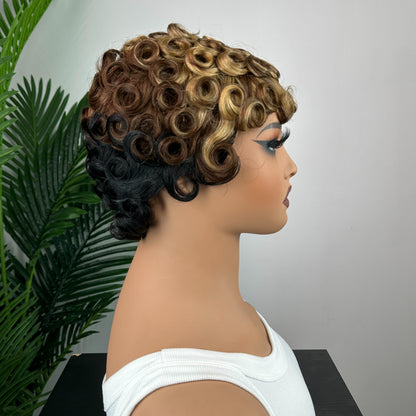 Showreal Pixie Cut Wigs Human Hair 3 Tone Ombre Color Pixie Cut Human Hair Wig Glueless Wigs Full Machine Made (025-1b/4/27)