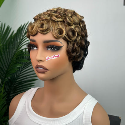 Showreal Pixie Cut Wigs Human Hair 3 Tone Ombre Color Pixie Cut Human Hair Wig Glueless Wigs Full Machine Made (025-1b/4/27)
