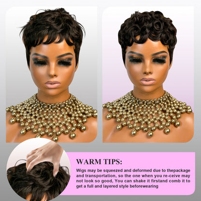 Showreal Pixie Cut Wigs Human Hair for Black Women Short Pixie Cut Wigs 100% Real Human Hair Lightweight Glueless Natural Black Layered Pixie Wig(025-1B)