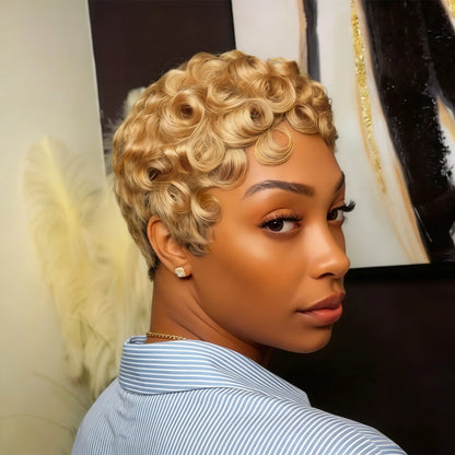 Showreal Pixie Cut Wigs Human Hair for Black Women Short Pixie Cut Wigs Honey Blonde Lightweight Glueless Natural Black Layered Pixie Wig(025-27)
