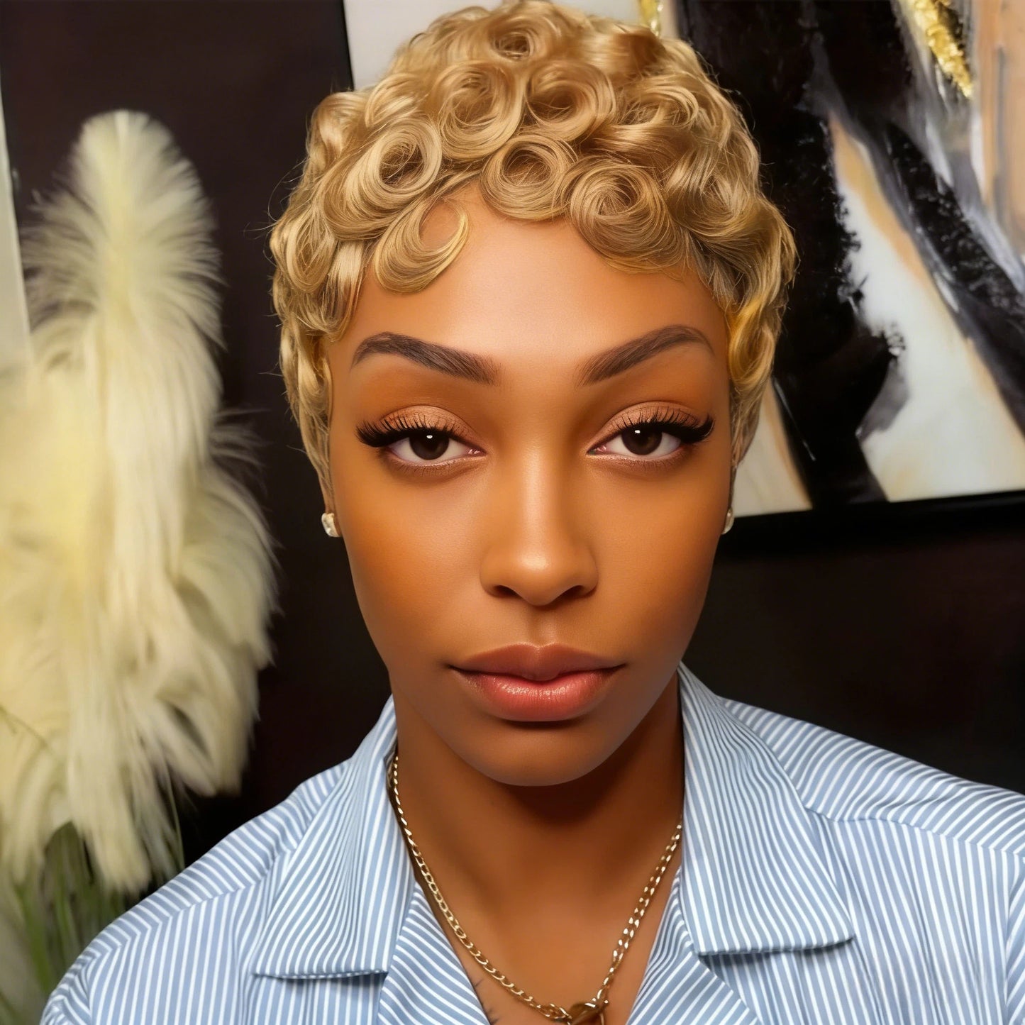 Showreal Pixie Cut Wigs Human Hair for Black Women Short Pixie Cut Wigs Honey Blonde Lightweight Glueless Natural Black Layered Pixie Wig(025-27)