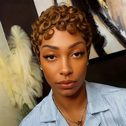 Showreal Pixie Cut Wigs Human Hair for Black Women Short Pixie Cut Wigs #30 Brown Lightweight Glueless Natural Black Layered Pixie Wig(025-30)