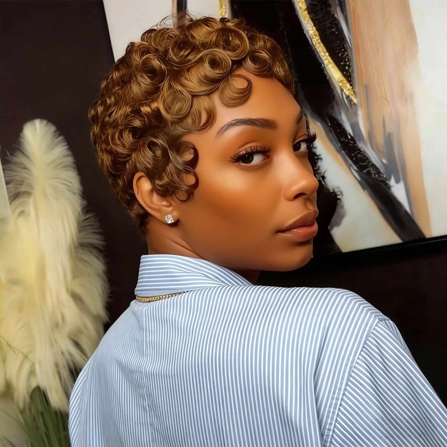 Showreal Pixie Cut Wigs Human Hair for Black Women Short Pixie Cut Wigs #30 Brown Lightweight Glueless Natural Black Layered Pixie Wig(025-30)