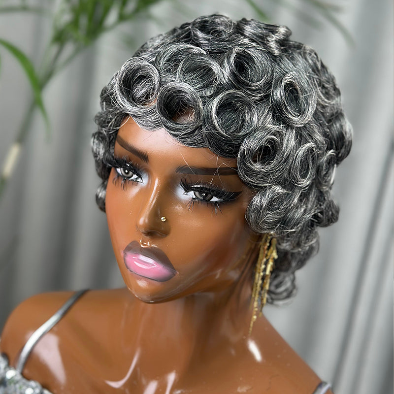 Showreal Pixie Cut Wigs Human Hair for Black Women Short Pixie Cut Wigs Grey Lightweight Glueless Natural Black Layered Pixie Wig(025-grey)