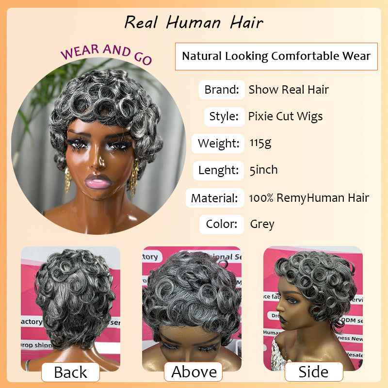 Showreal Pixie Cut Wigs Human Hair for Black Women Short Pixie Cut Wigs Grey Lightweight Glueless Natural Black Layered Pixie Wig(025-grey)