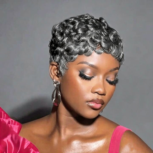 Showreal Pixie Cut Wigs Human Hair for Black Women Short Pixie Cut Wigs Grey Lightweight Glueless Natural Black Layered Pixie Wig(025-grey)