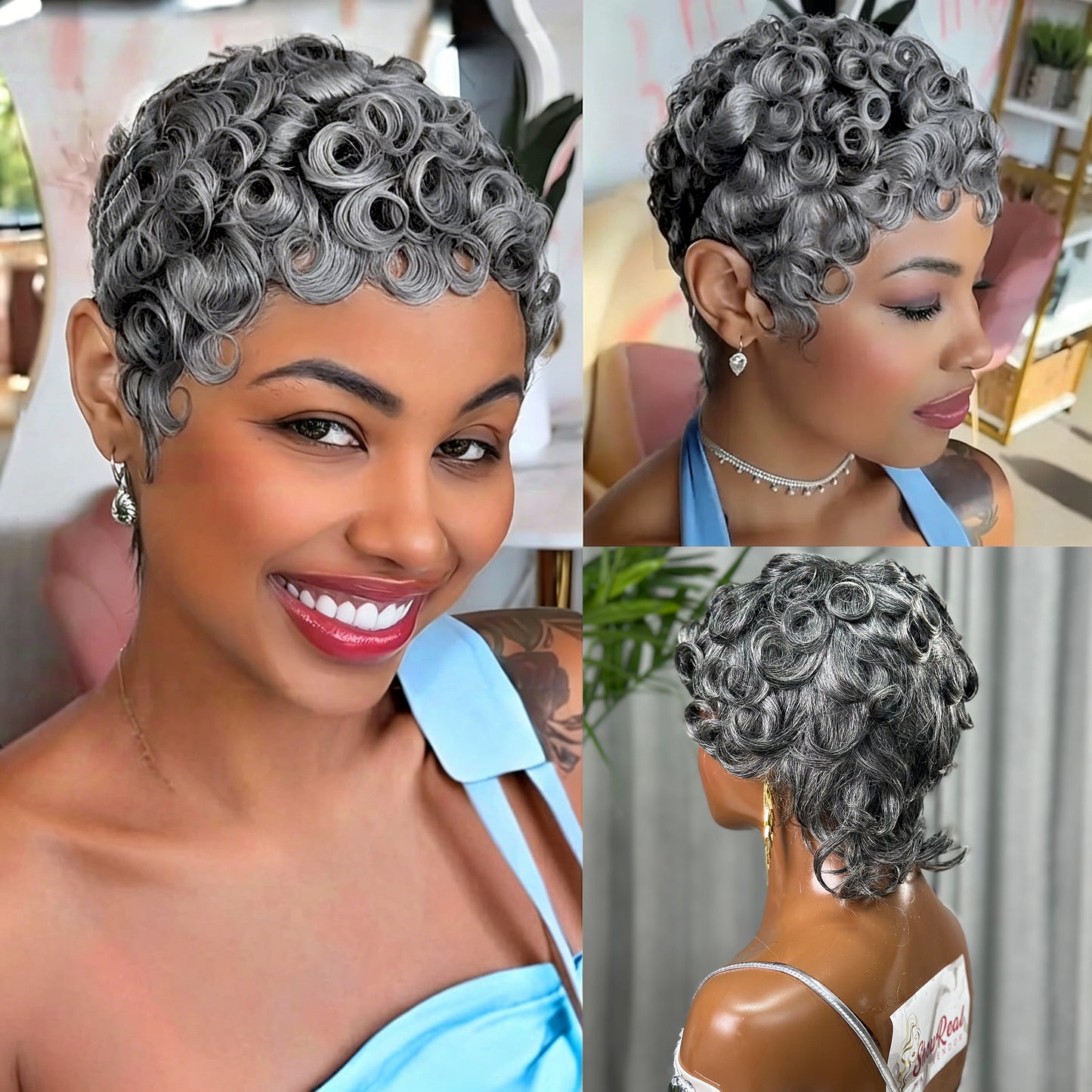 Showreal Pixie Cut Wigs Human Hair for Black Women Short Pixie Cut Wigs Grey Lightweight Glueless Natural Black Layered Pixie Wig(025-grey)