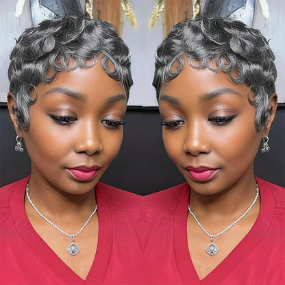 Showreal Pixie Cut Wigs Human Hair for Black Women Short Pixie Cut Wigs Grey Lightweight Glueless Natural Black Layered Pixie Wig(025-grey)