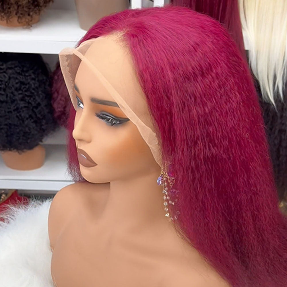 Customized Wig Purple Color Kinky Straight Lace Front Wigs Human Hair 13x4 Transparent Lace Front Wig Human Hair With Pre Plucked 180% Density Yaki Straight