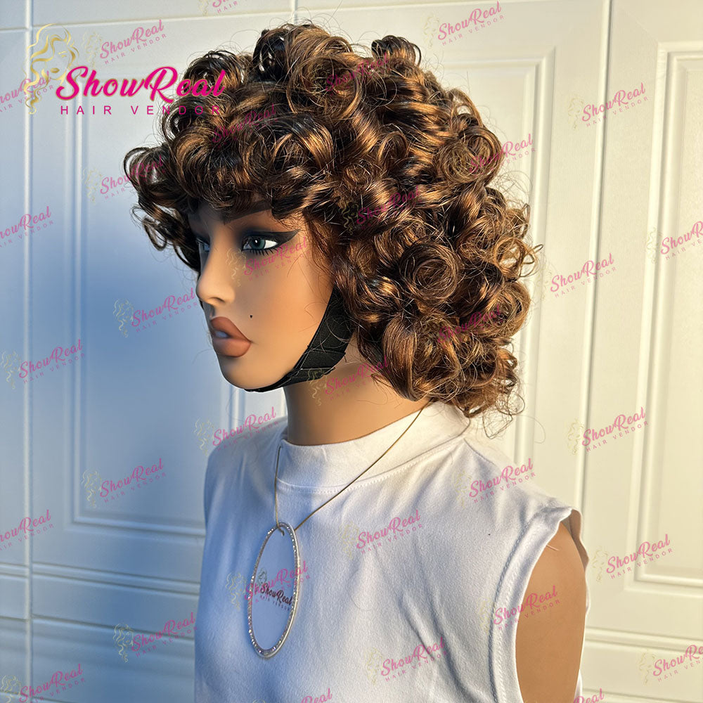 ShowReal Curly Bob Wigs With Bangs Coco Bounce Bob Wig Short Curly Wigs Human Hair for Black Women Glueless (032-1B)