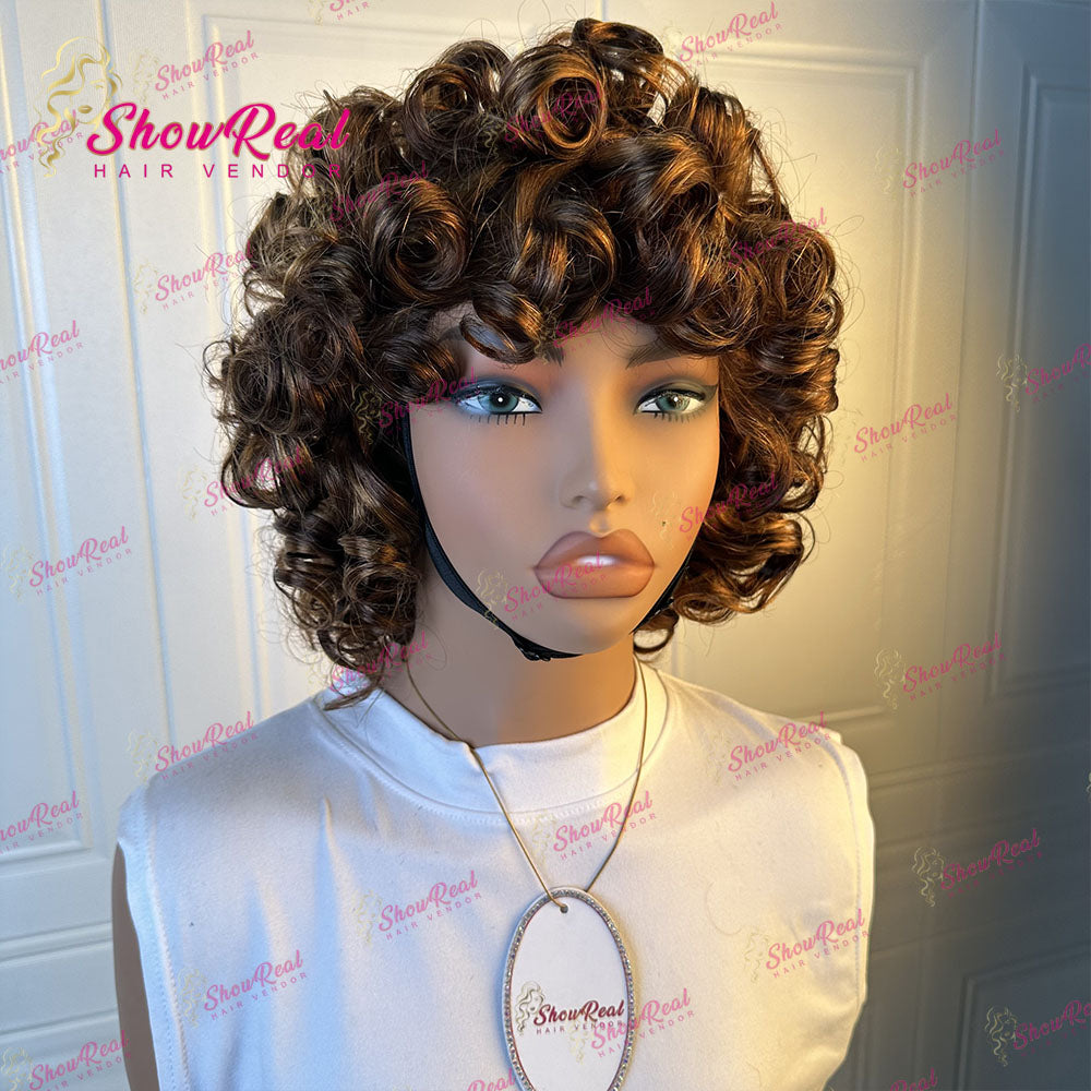 ShowReal Curly Bob Wigs With Bangs Coco Bounce Bob Wig Short Curly Wigs Human Hair for Black Women Glueless (032-1B)