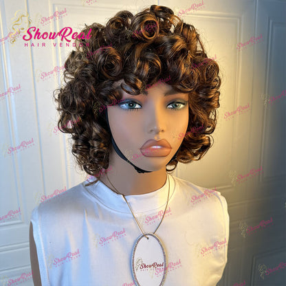 ShowReal Curly Bob Wigs With Bangs Coco Bounce Bob Wig Short Curly Wigs Human Hair for Black Women Glueless (032-1B)
