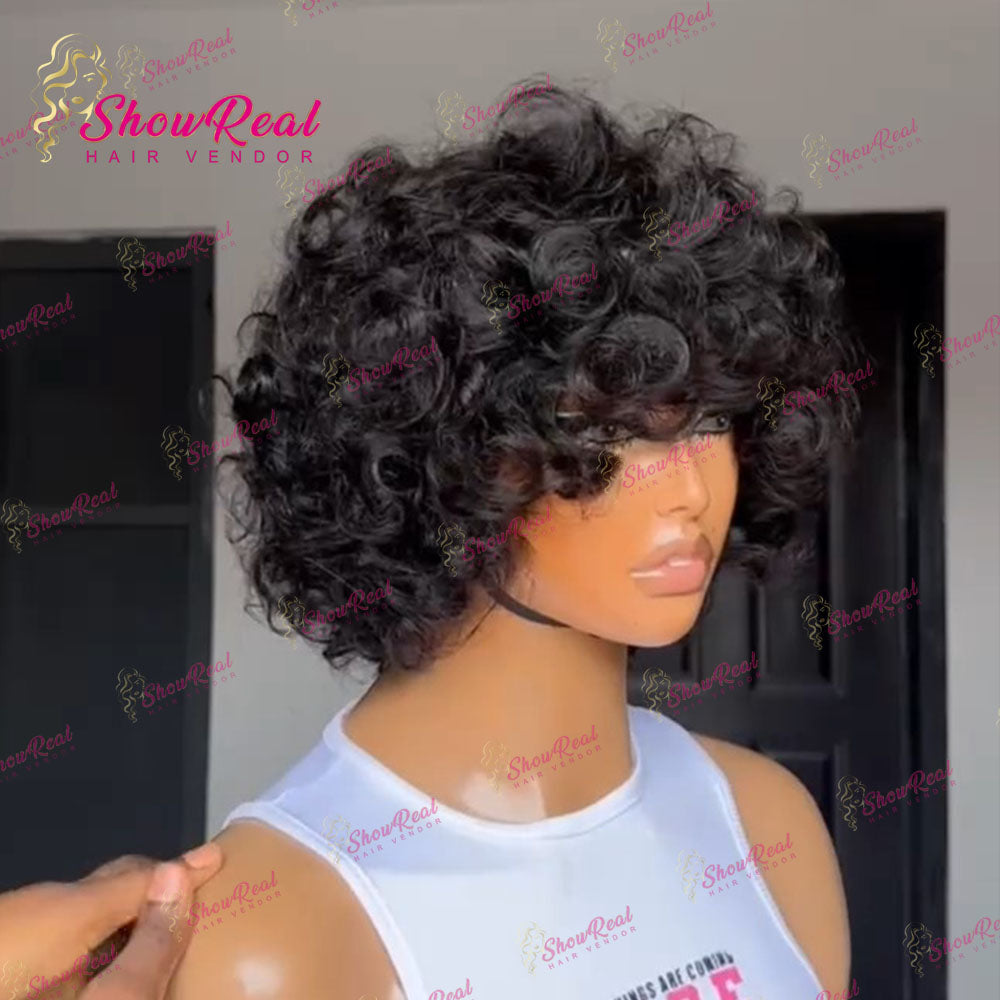 ShowReal Curly Bob Wigs With Bangs Coco Bounce Bob Wig Short Curly Wigs Human Hair for Black Women Glueless (032-1B)