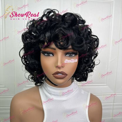 ShowReal Curly Bob Wigs With Bangs Coco Bounce Bob Wig Short Curly Wigs Human Hair for Black Women Glueless (032-1B)