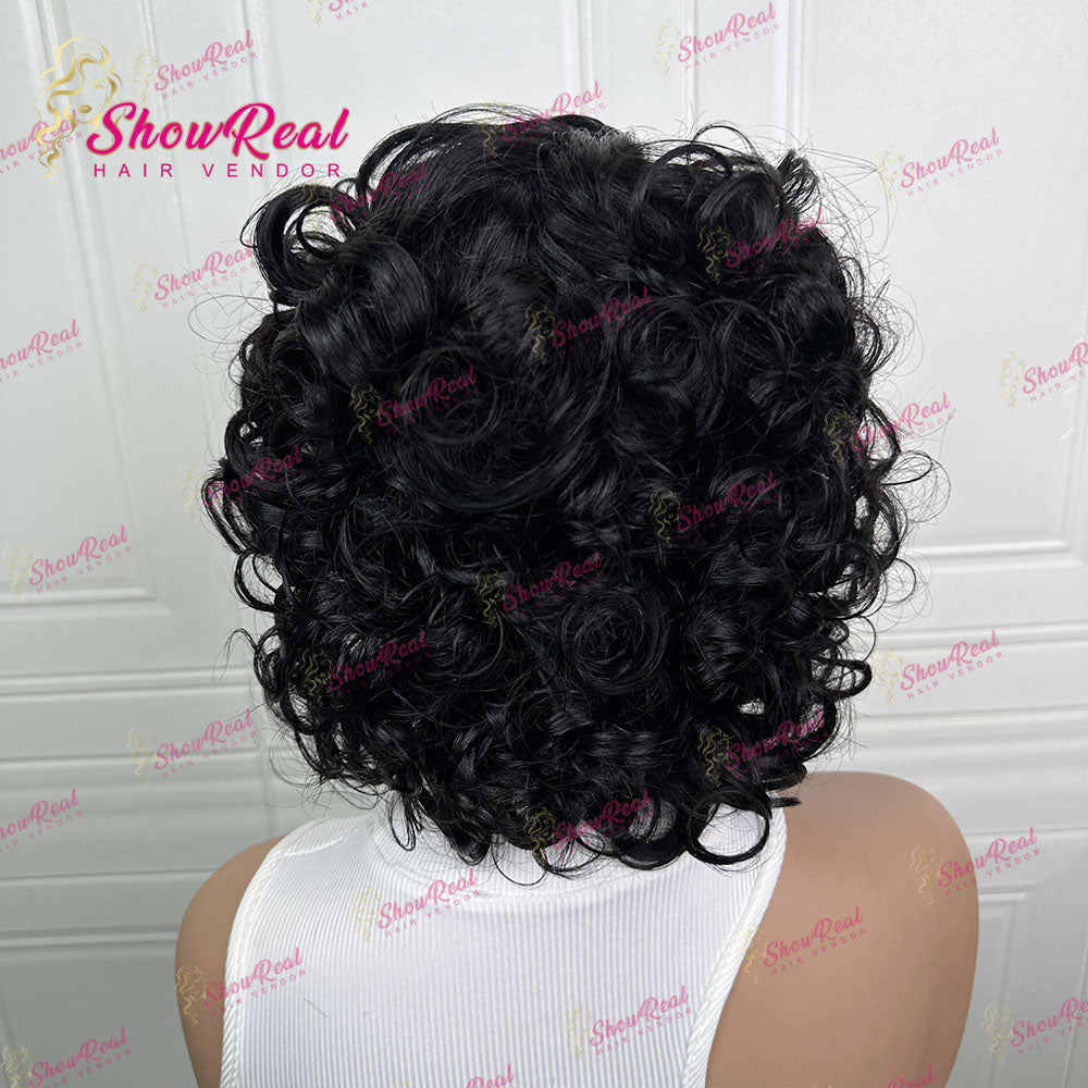 ShowReal Curly Bob Wigs With Bangs Coco Bounce Bob Wig Short Curly Wigs Human Hair for Black Women Glueless (032-1B)